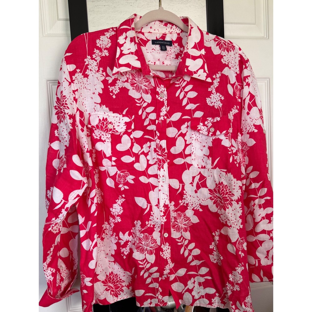 Lands End Womens XL 18-20 Pink White Floral 100% Linen Button Down Shirt Top